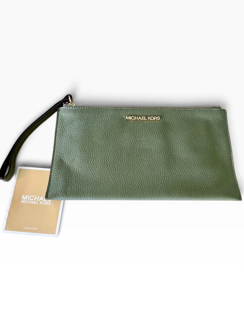 Michael Kors Olive Green Pebbled Leather Large Wristlet Clutch
